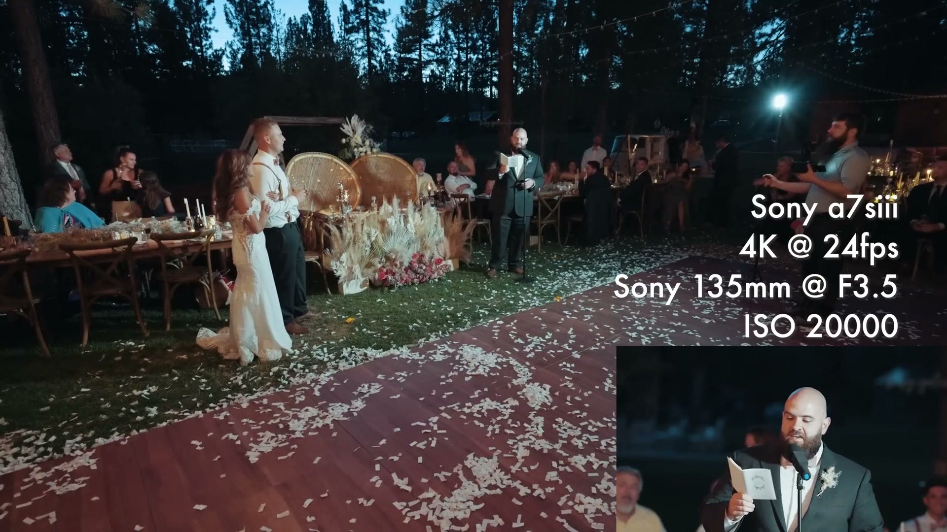 Reception toasts filmed under string lights at ISO 20000