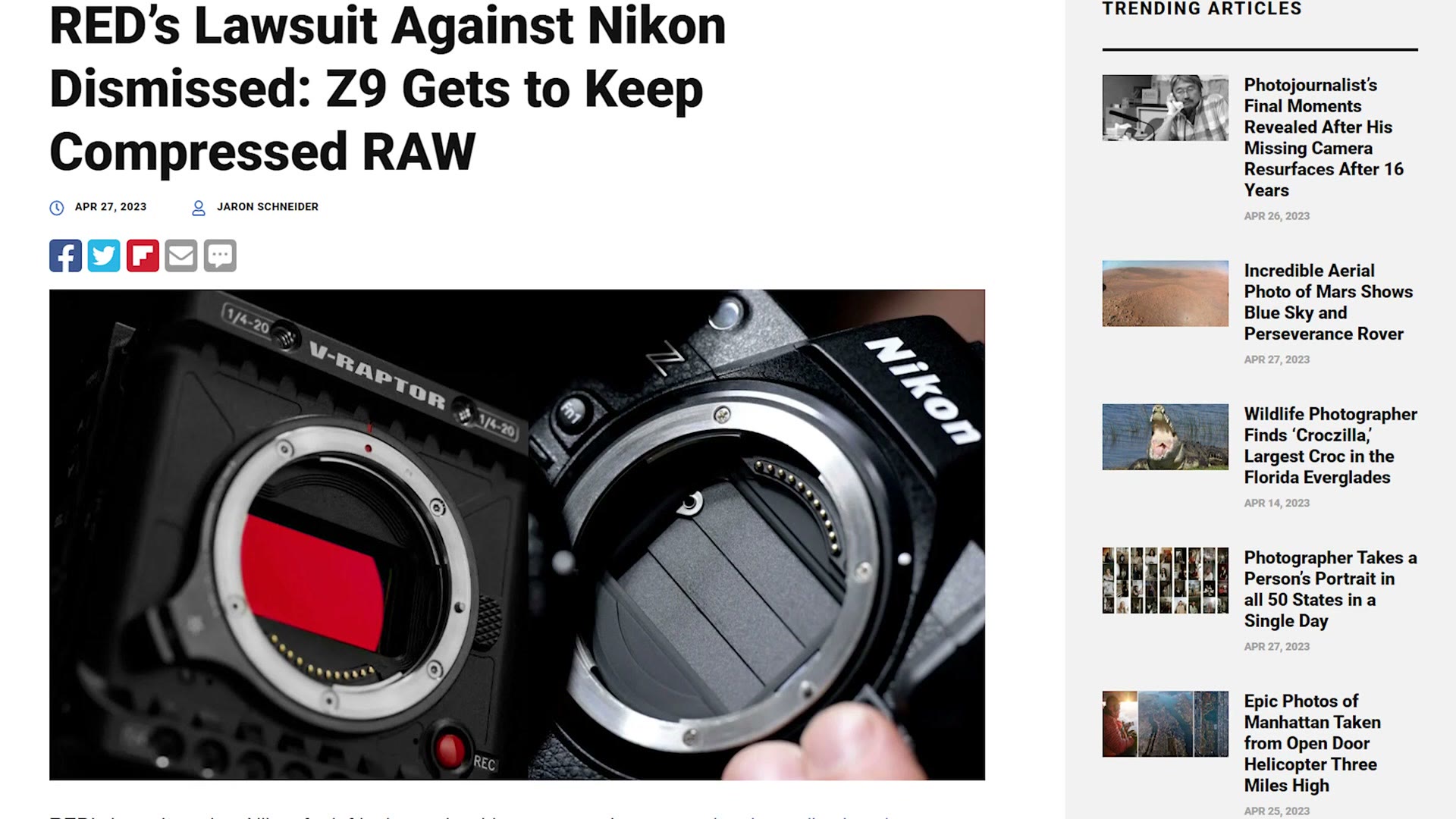 News article headline reading RED's lawsuit against Nikon dismissed, Z9 gets to keep compressed RAW