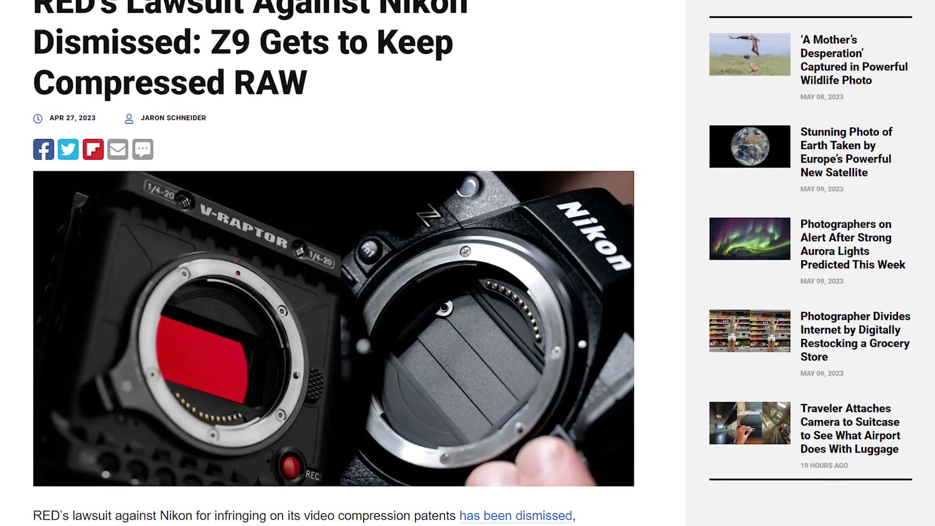 News article headline reading RED's lawsuit against Nikon dismissed, Z9 gets to keep compressed RAW
