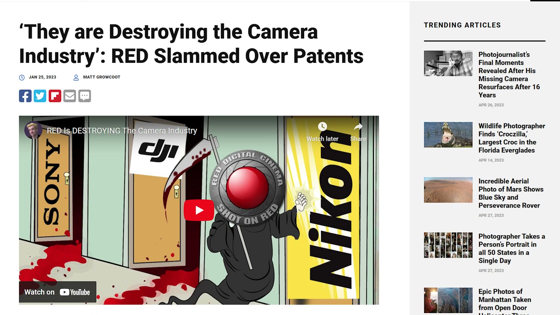 News article headline reading they are destroying the camera industry, RED slammed over patents