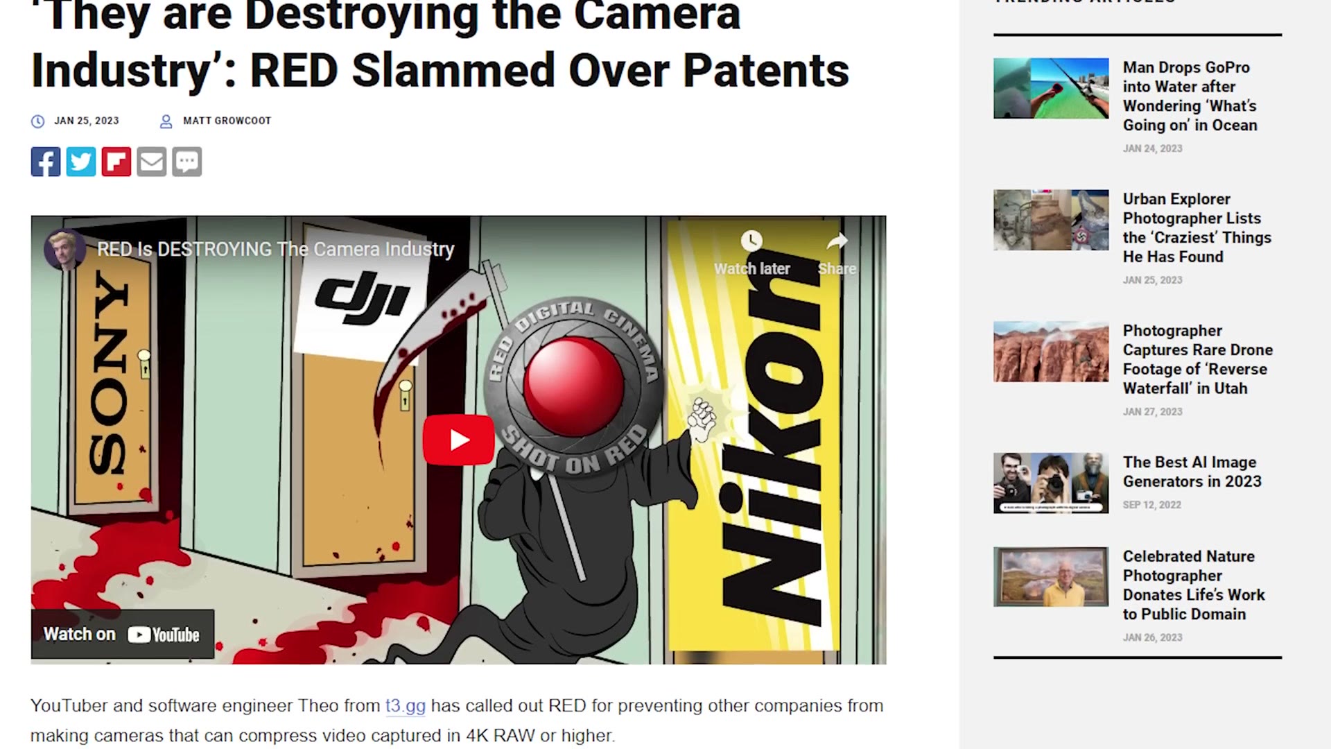 News article headline reading they are destroying the camera industry, RED slammed over patents