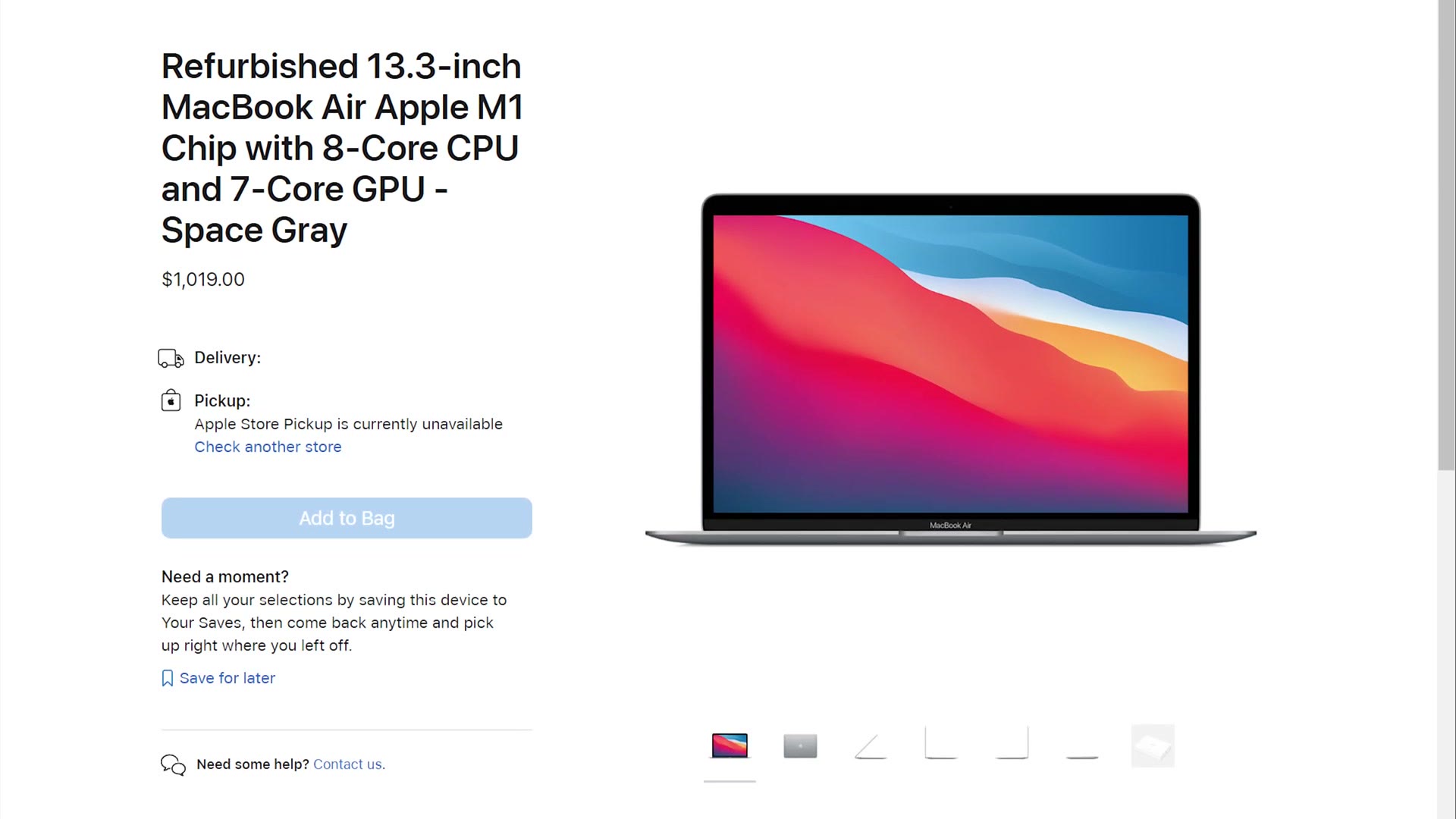 Apple refurbished store listing for a 13.3 inch M1 MacBook Air at $1,019