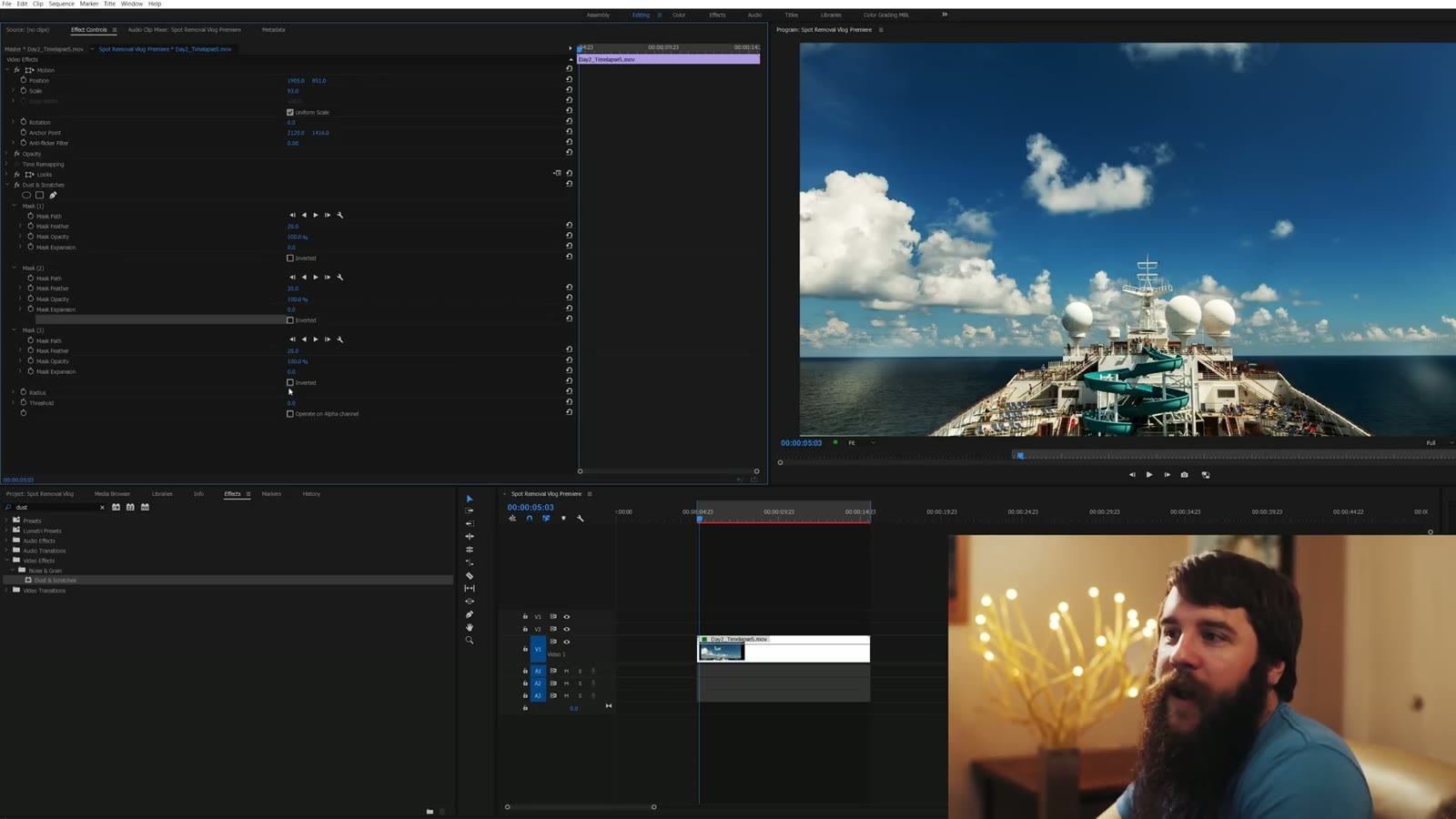 Effect Controls showing Mask 1, Mask 2 and Mask 3 all feathered at 20 pixels
