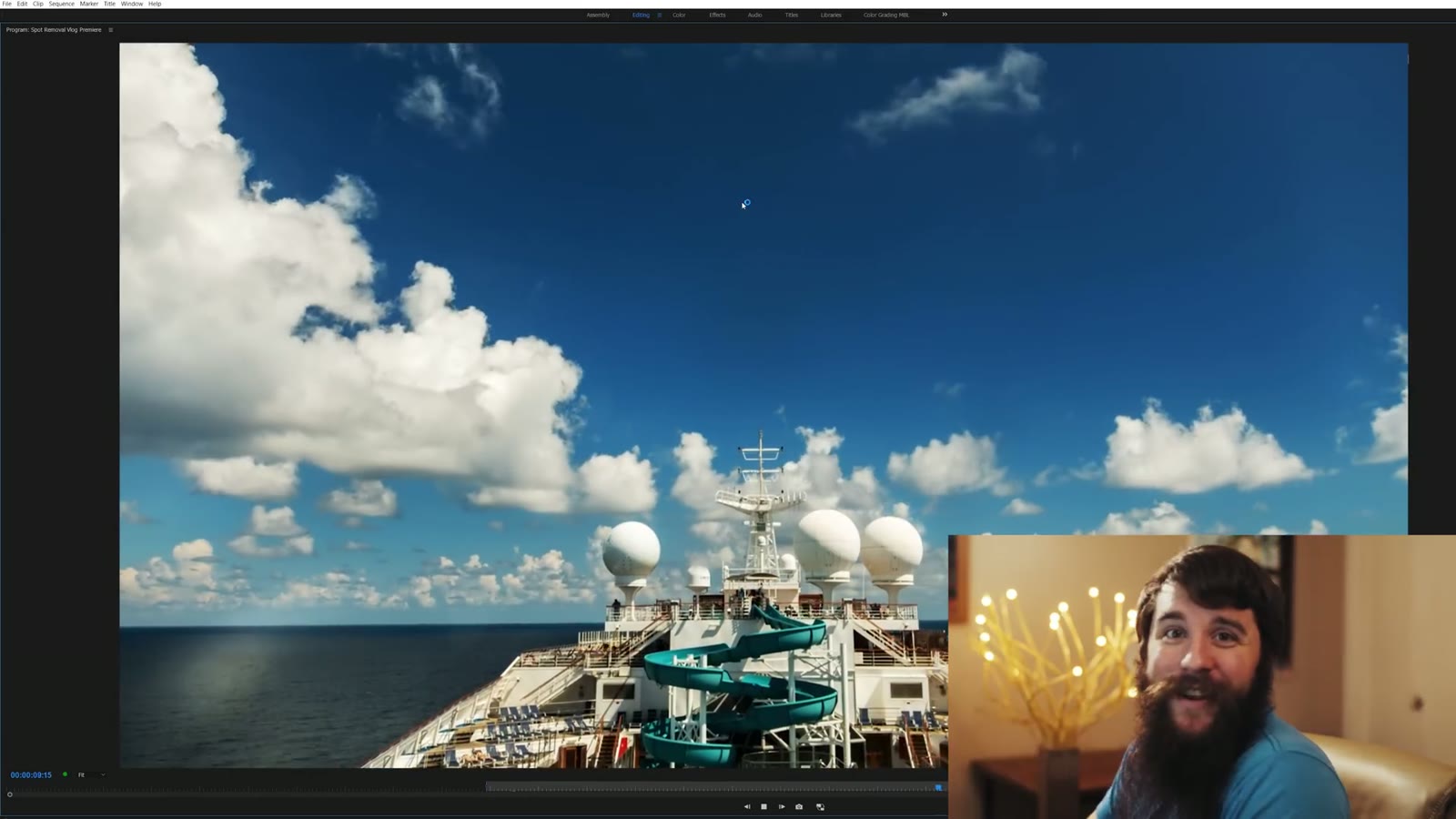 The rendered timelapse playing full width in the Premiere Pro program monitor with a clean sky