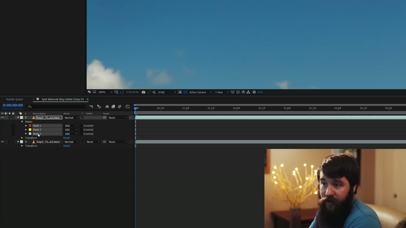 The After Effects timeline with three masks listed and expanded on the duplicated video layer