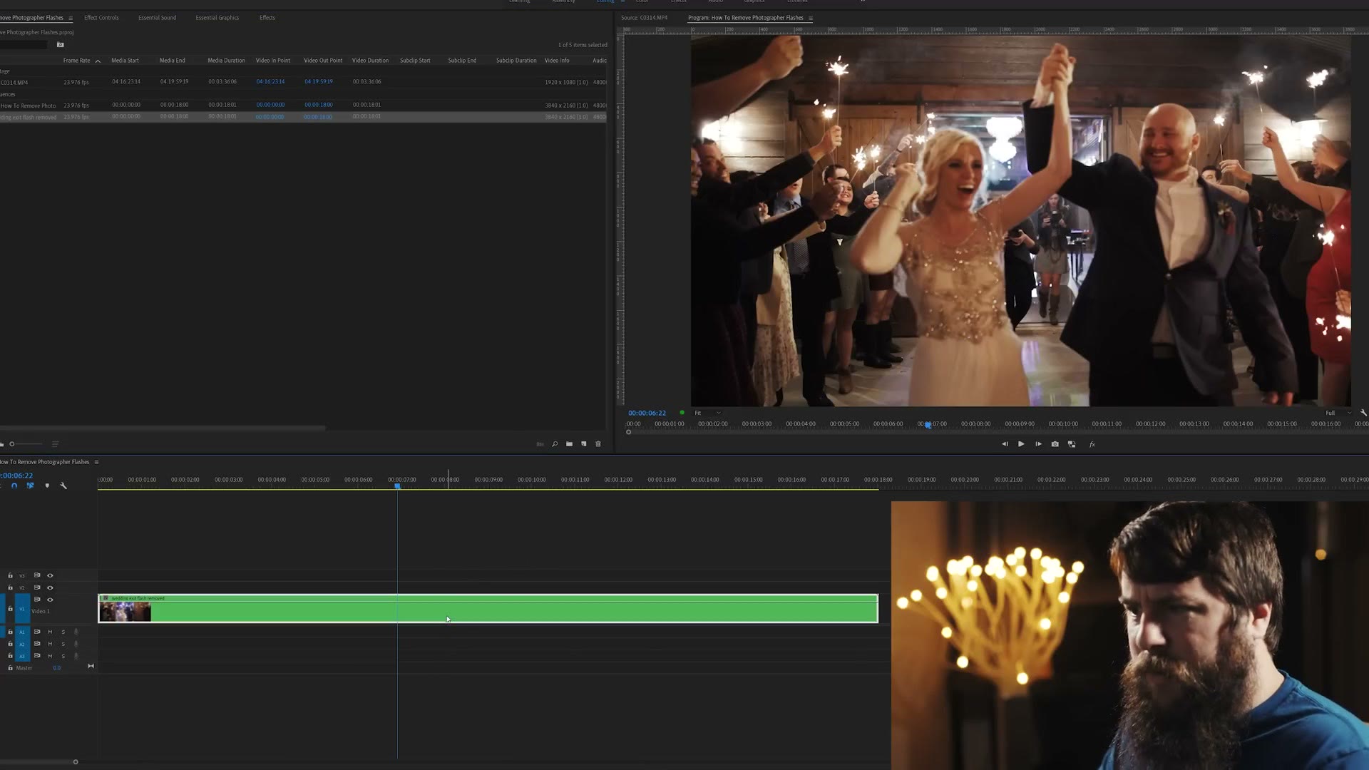 A Premiere Pro timeline with all of the individual cuts replaced by one long green nested clip