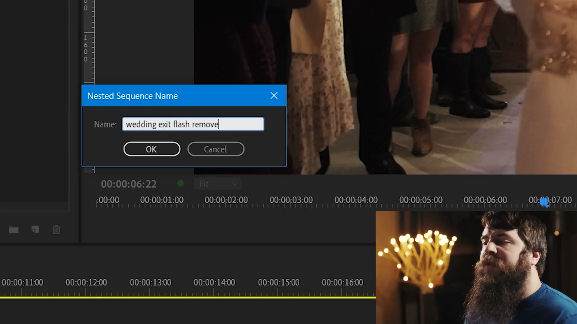 The Nested Sequence Name dialog in Premiere Pro with a name typed into the field