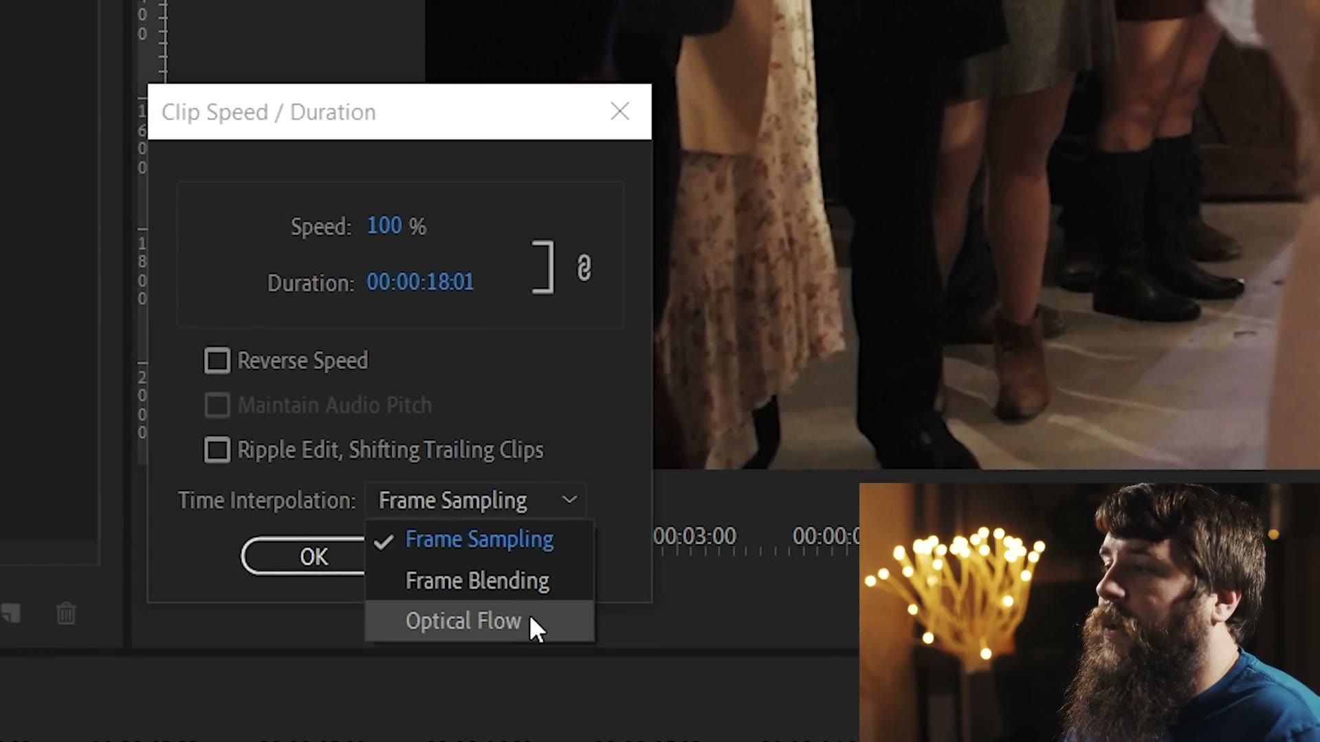 The Clip Speed slash Duration dialog in Premiere Pro with the Time Interpolation dropdown open on Optical Flow