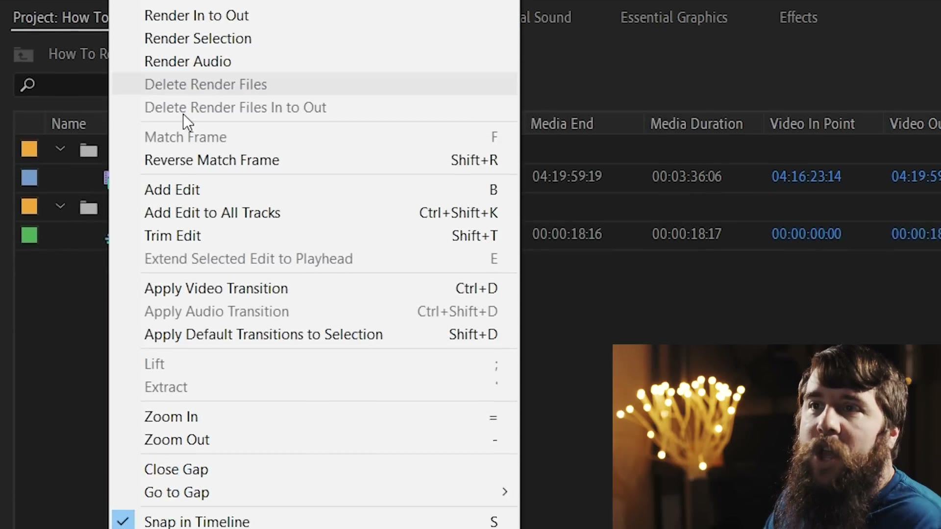 The Premiere Pro Sequence menu open with the Close Gap command near the bottom