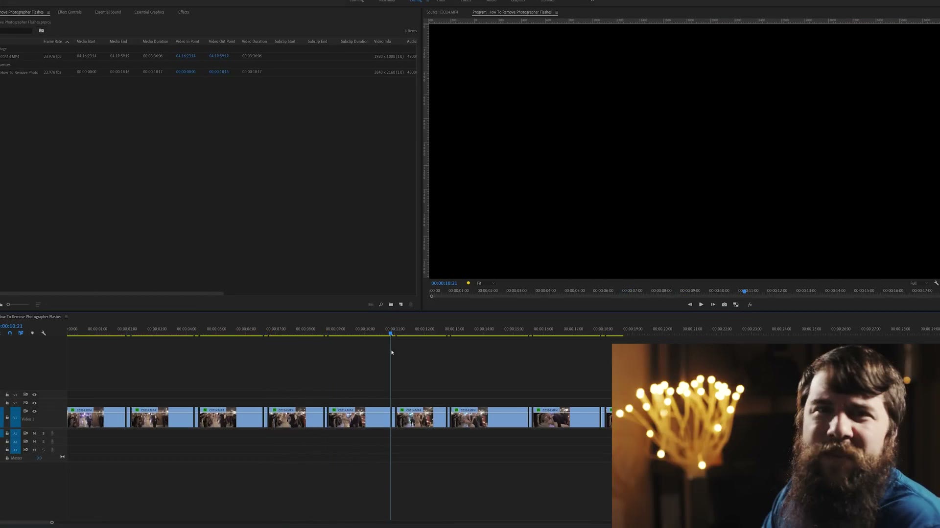 A Premiere Pro timeline showing short video clips separated by empty gaps after the flash frames were deleted