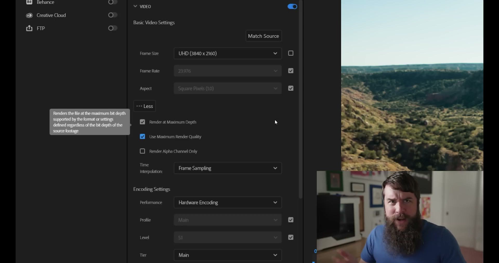 Render at Maximum Depth and Use Maximum Render Quality checked