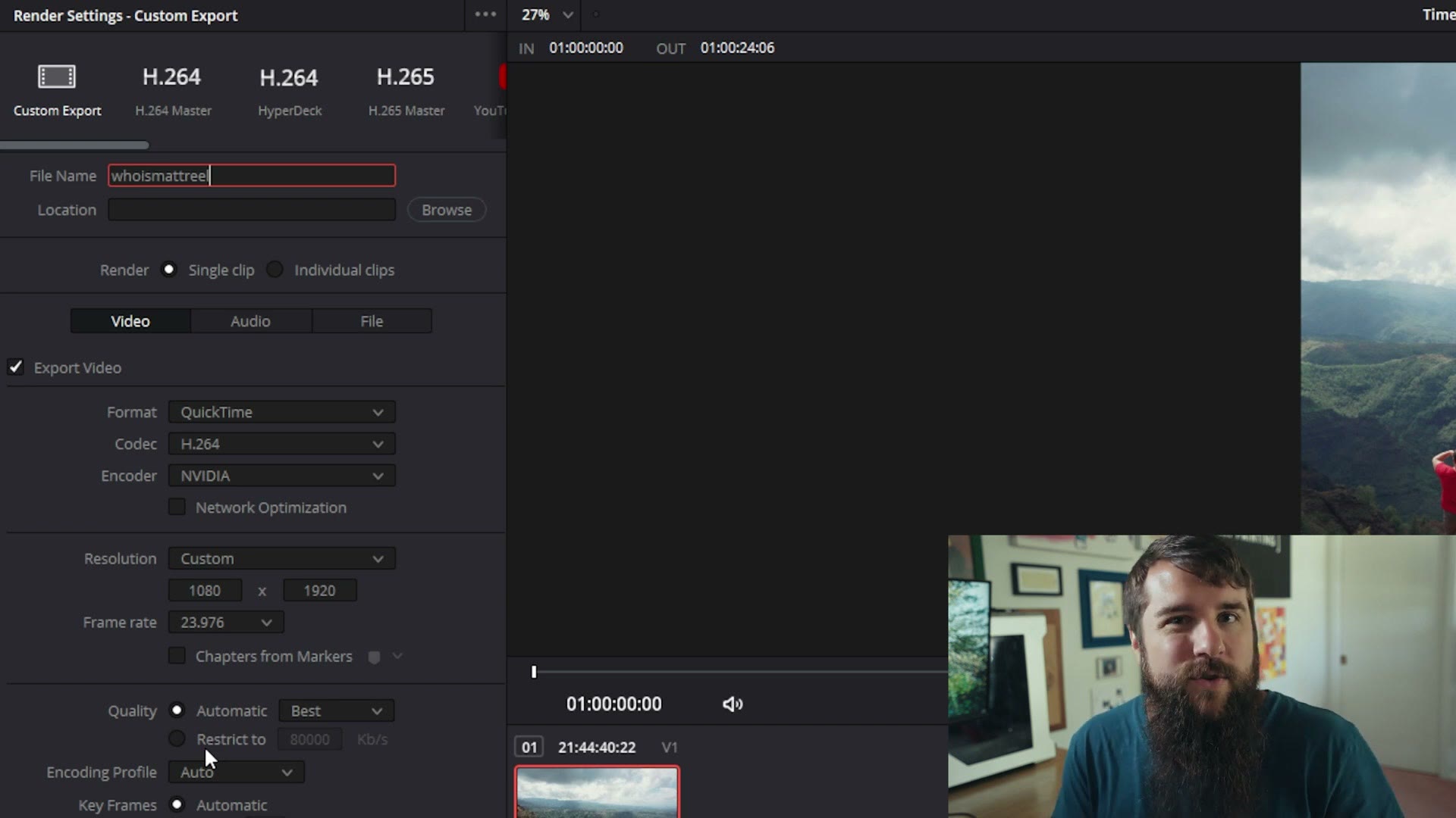 Render settings with Format set to QuickTime and Codec set to H.264