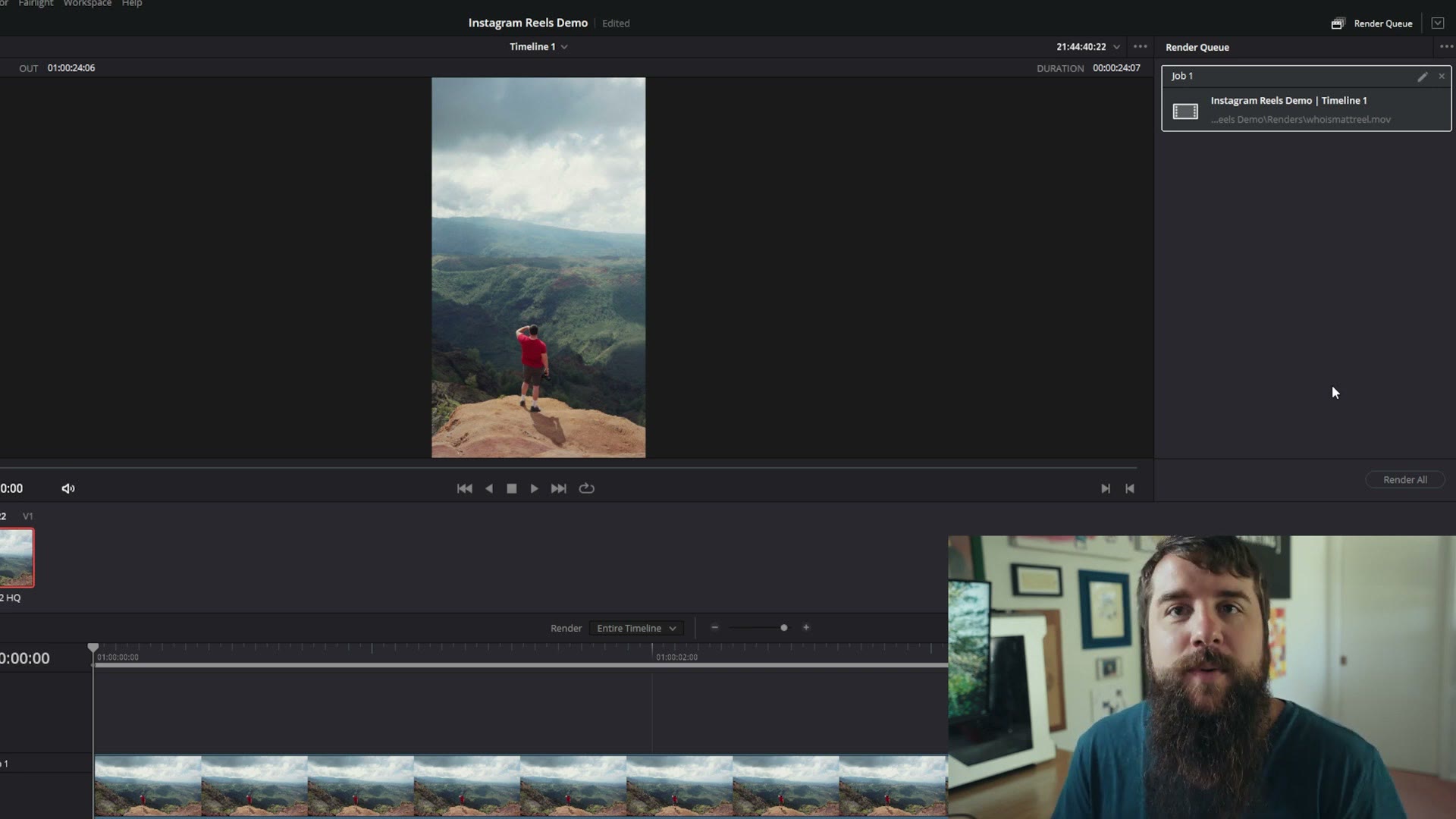 The DaVinci Resolve render queue with the Instagram Reel job loaded and ready to render