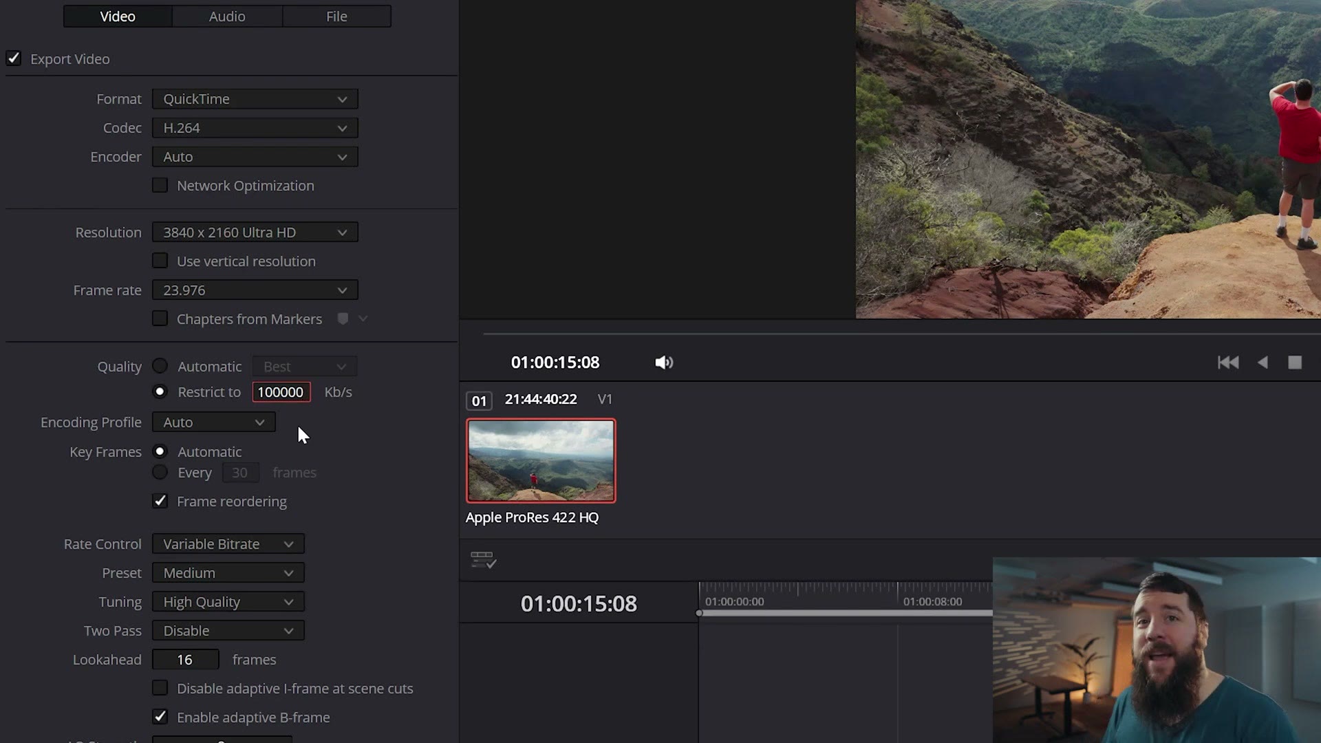 DaVinci Resolve render settings showing QuickTime format, H.264 codec, 3840 x 2160 Ultra HD resolution, 23.976 frame rate and quality restricted to 100000 Kb/s