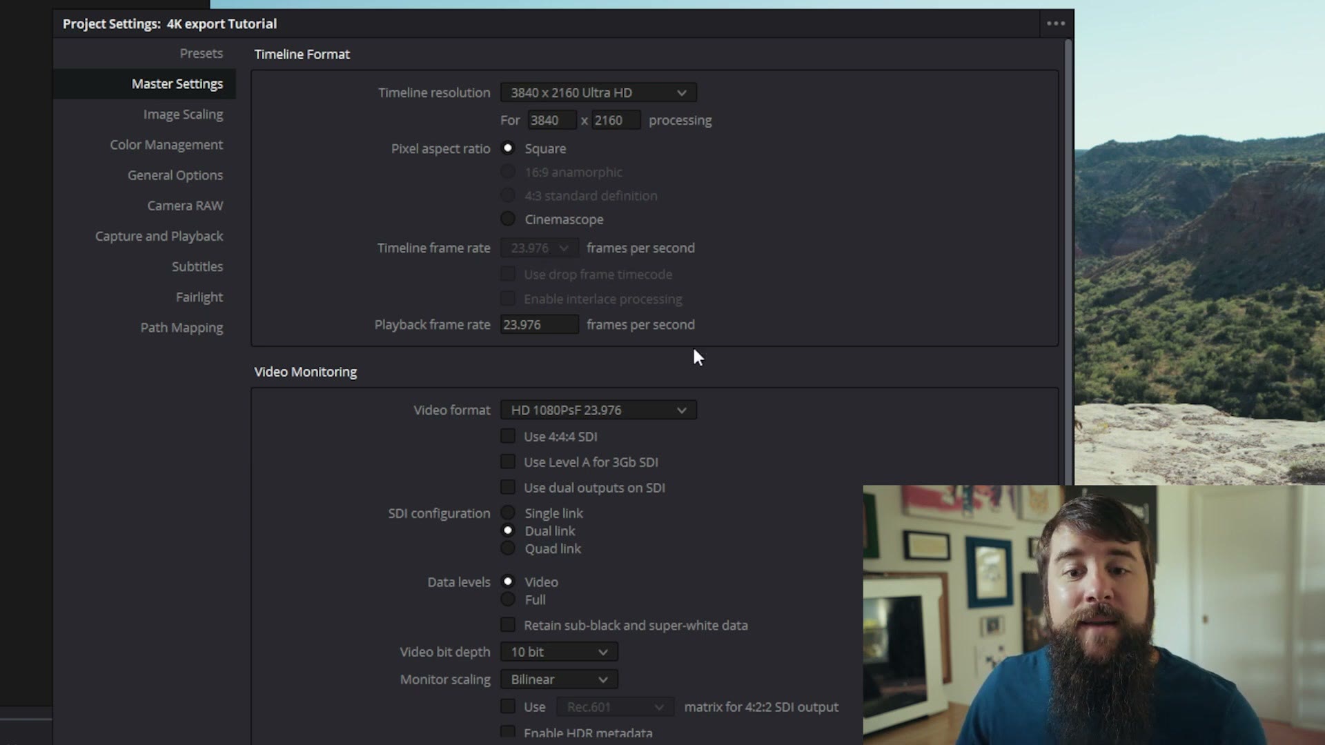 DaVinci Resolve project settings showing timeline resolution set to 3840 x 2160 Ultra HD