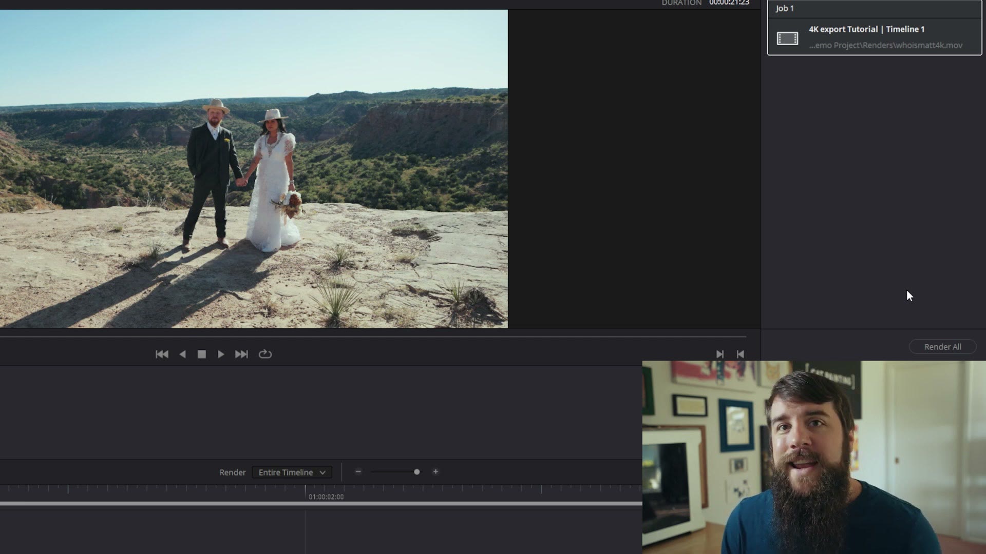 The wedding clip playing full screen in DaVinci Resolve