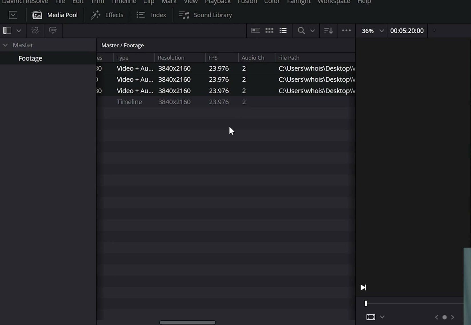 DaVinci Resolve media pool showing all clips now at 23.976 fps