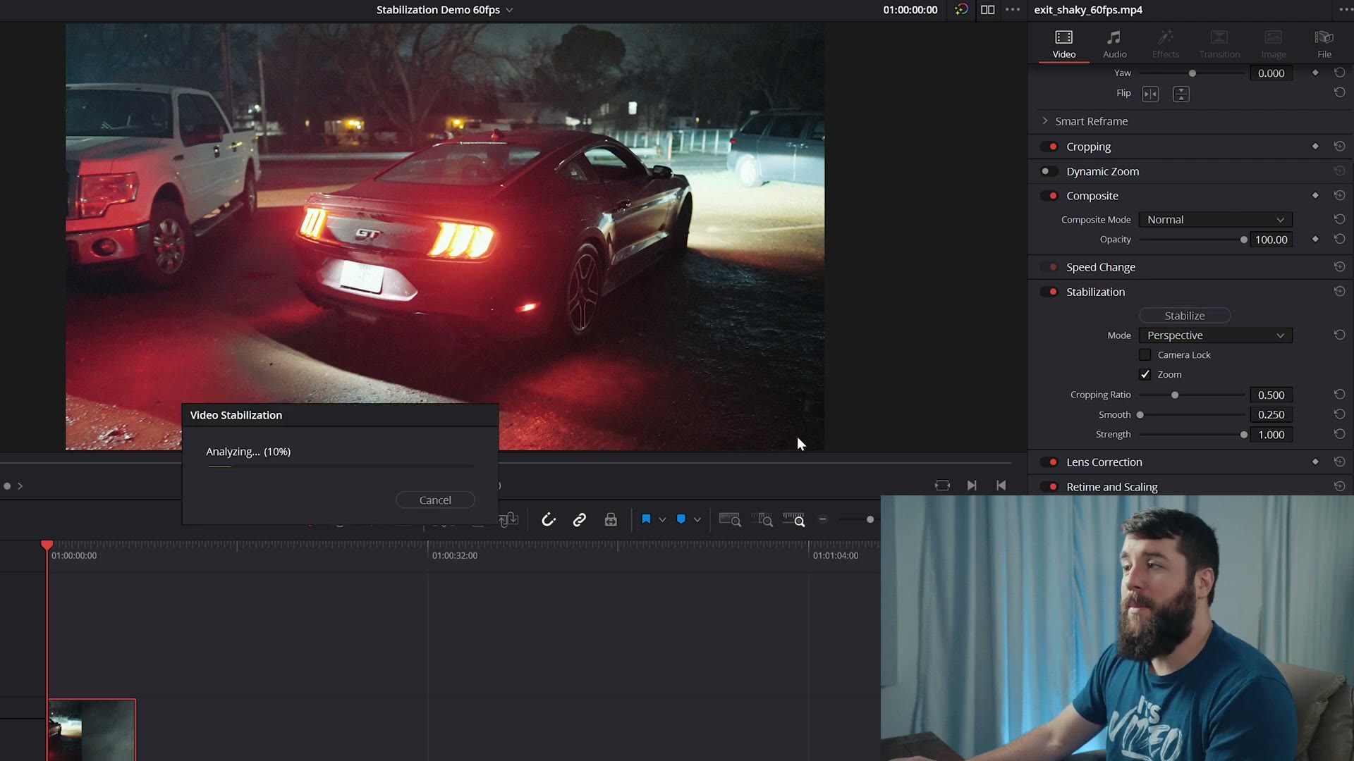 DaVinci Resolve analyzing a clip for video stabilization
