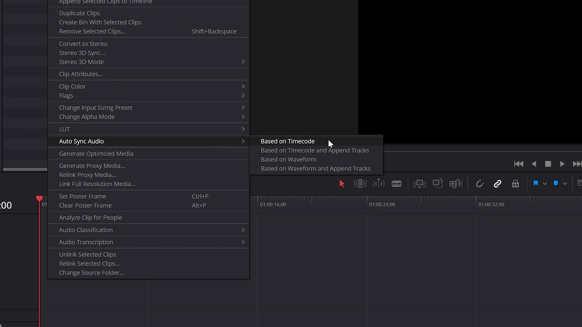 The DaVinci Resolve right click menu showing Auto Sync Audio with Based on Timecode highlighted
