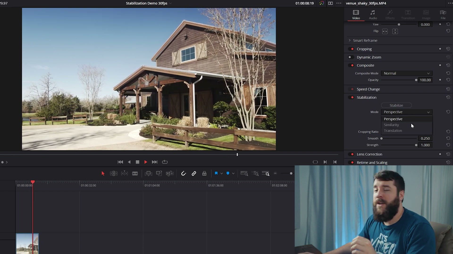 A gimbal shot of a barn wedding venue loaded in DaVinci Resolve