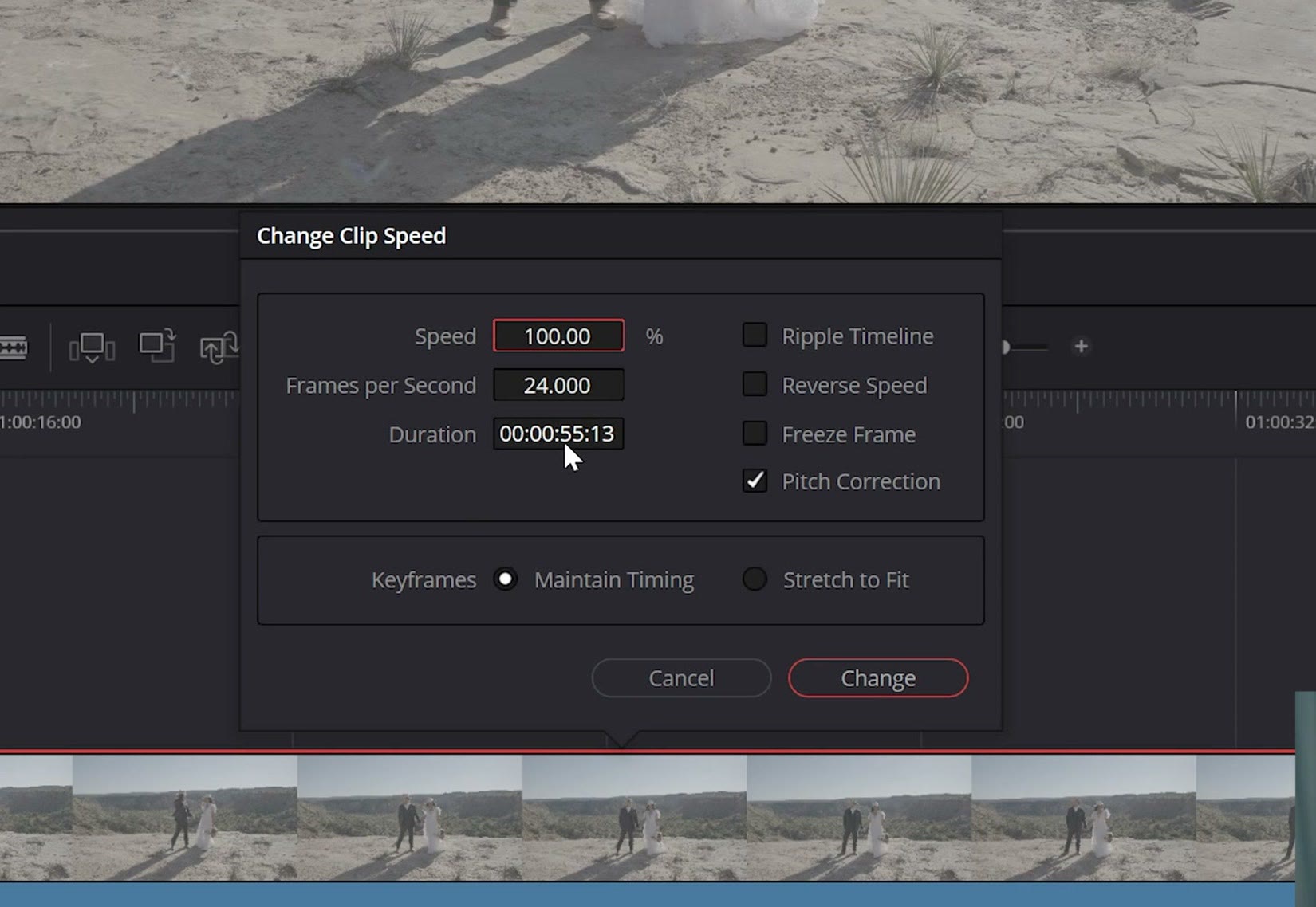 The Change Clip Speed dialog in DaVinci Resolve