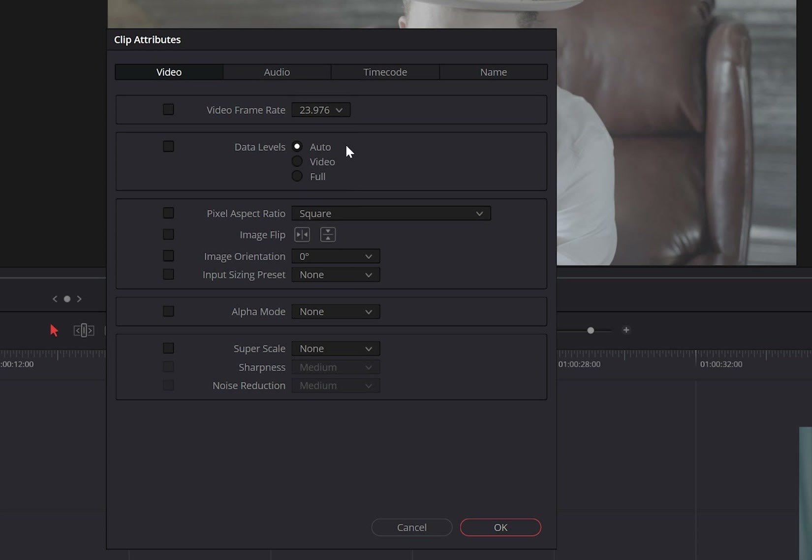 The Clip Attributes window in DaVinci Resolve with Video Frame Rate set to 23.976