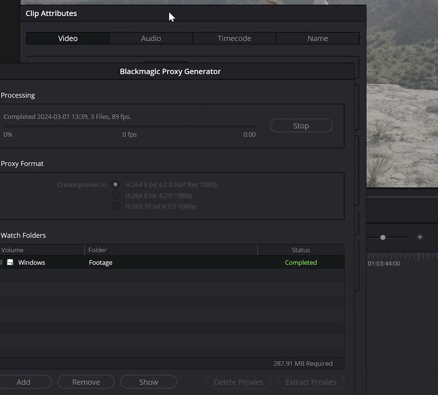 Clip Attributes open in DaVinci Resolve next to the Blackmagic Proxy Generator