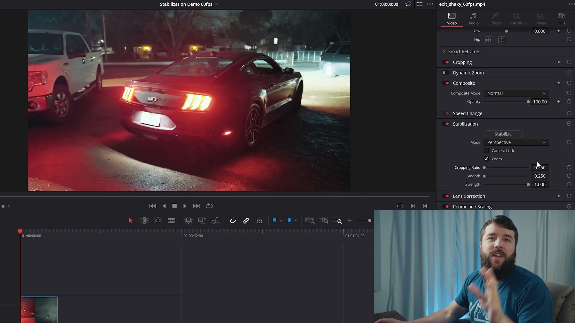 The Cropping Ratio slider in the DaVinci Resolve stabilization panel