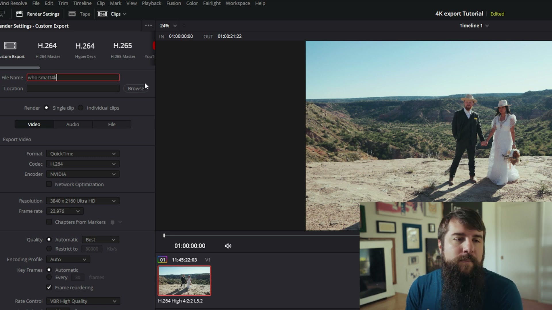 The DaVinci Resolve deliver page with a file name and location set