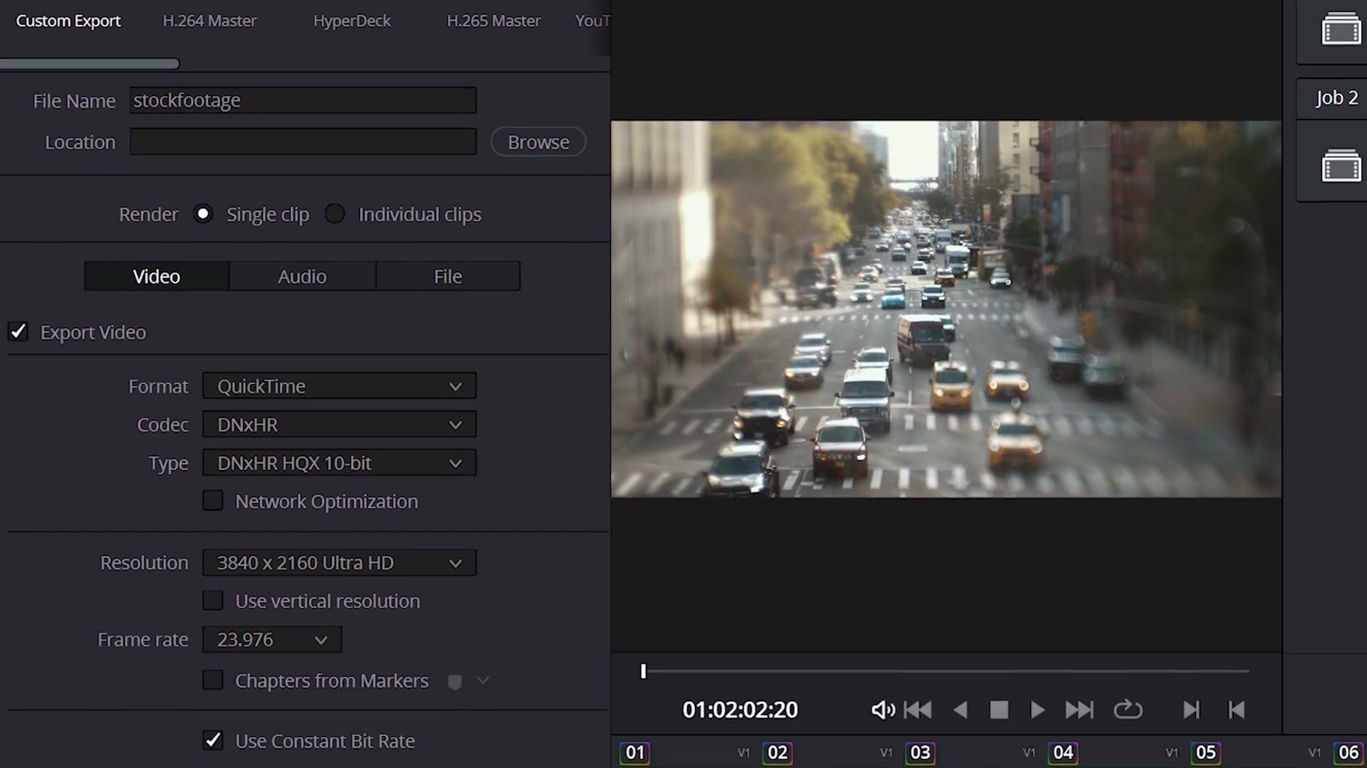 DaVinci Resolve custom export settings showing QuickTime and the DNxHR codec