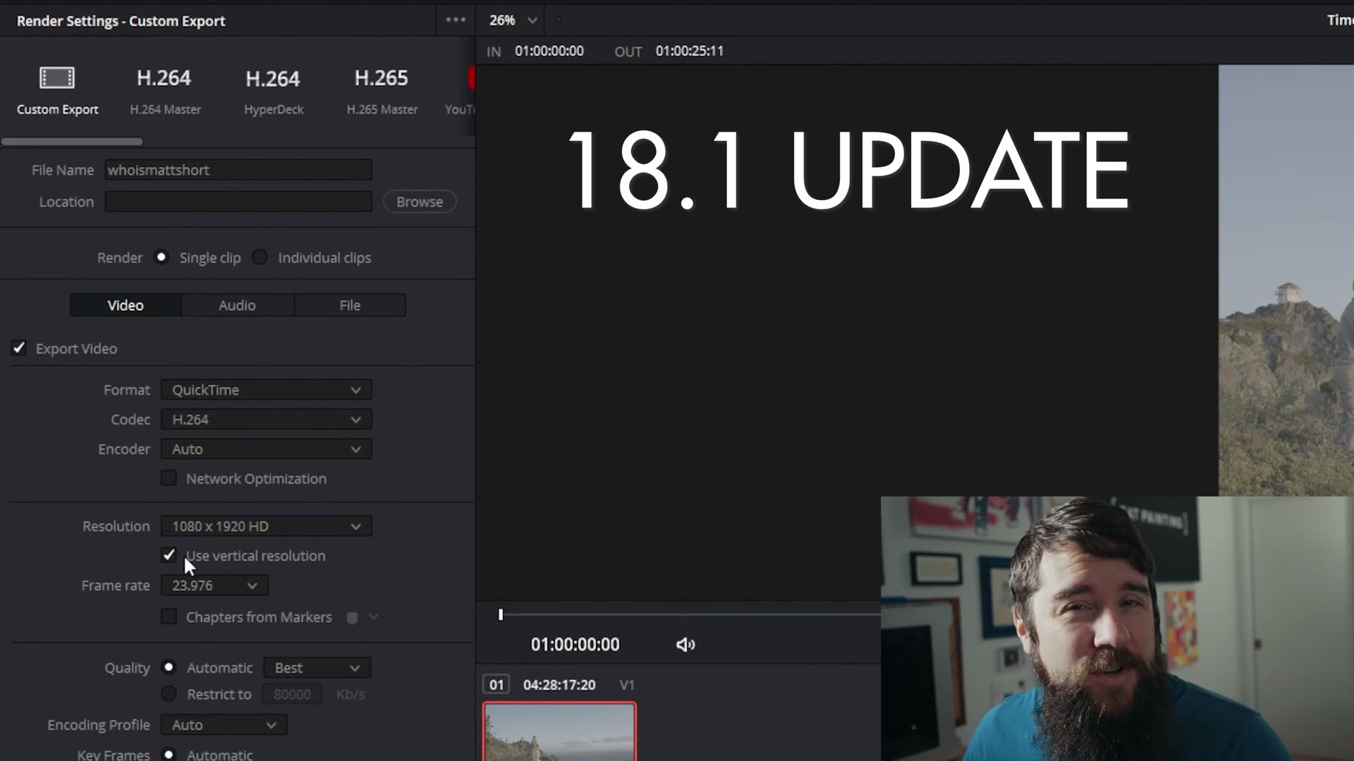 Export resolution settings with a Use vertical resolution checkbox in DaVinci Resolve 18.1