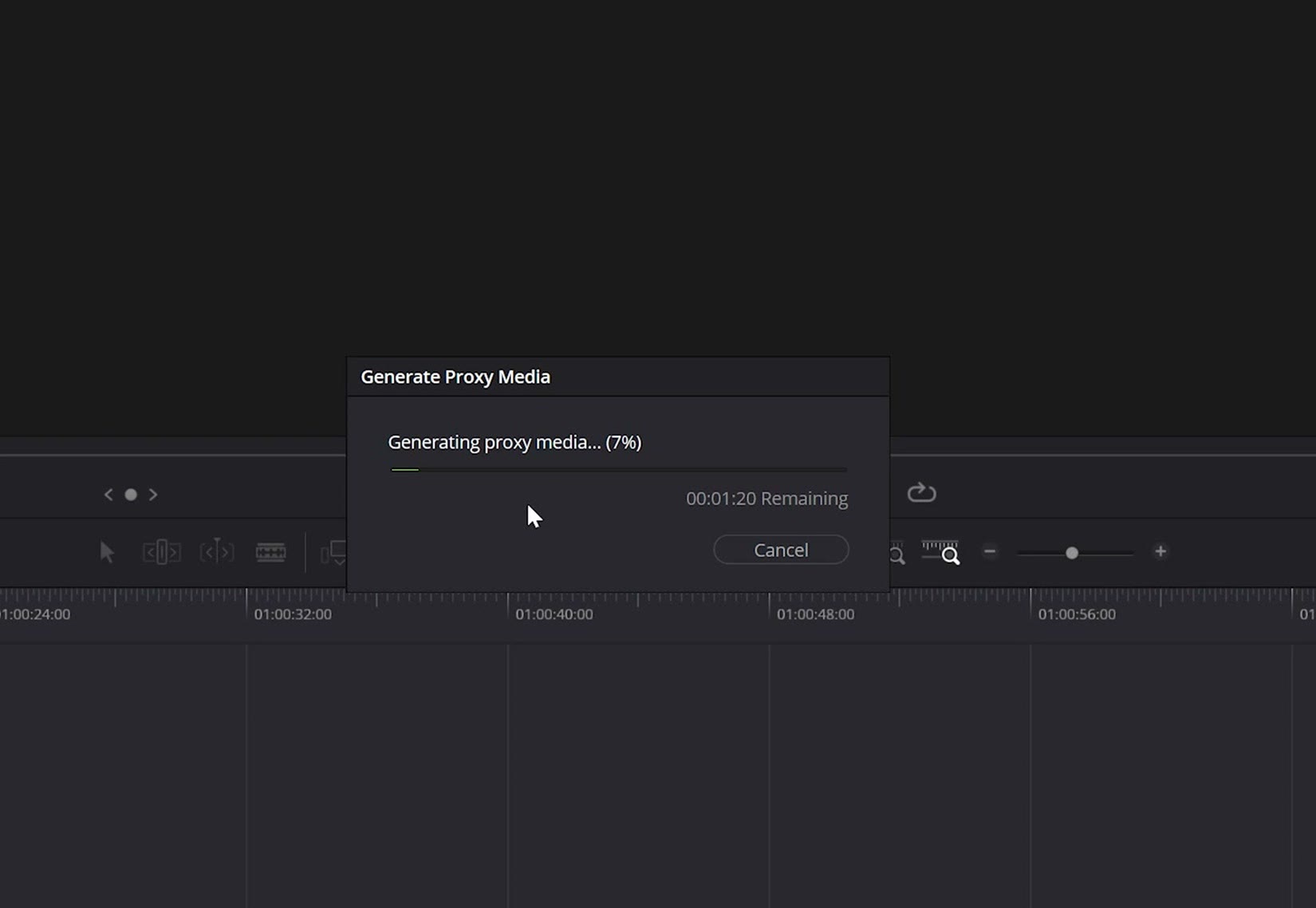 The Generate Proxy Media progress dialog in DaVinci Resolve