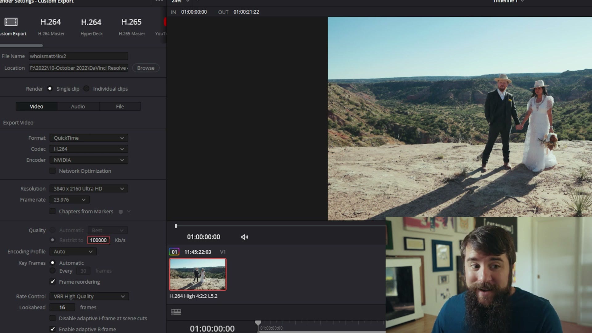 DaVinci Resolve render settings with H.264 selected and the bitrate restricted to 100000
