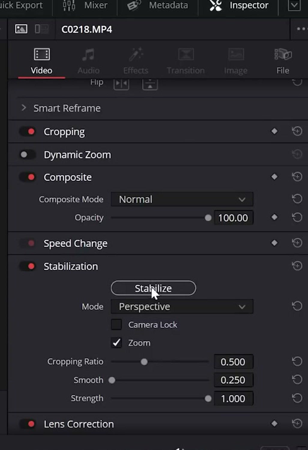 The DaVinci Resolve Inspector panel open to the Stabilization section with a Stabilize button, Mode set to Perspective, and Cropping Ratio, Smooth and Strength sliders