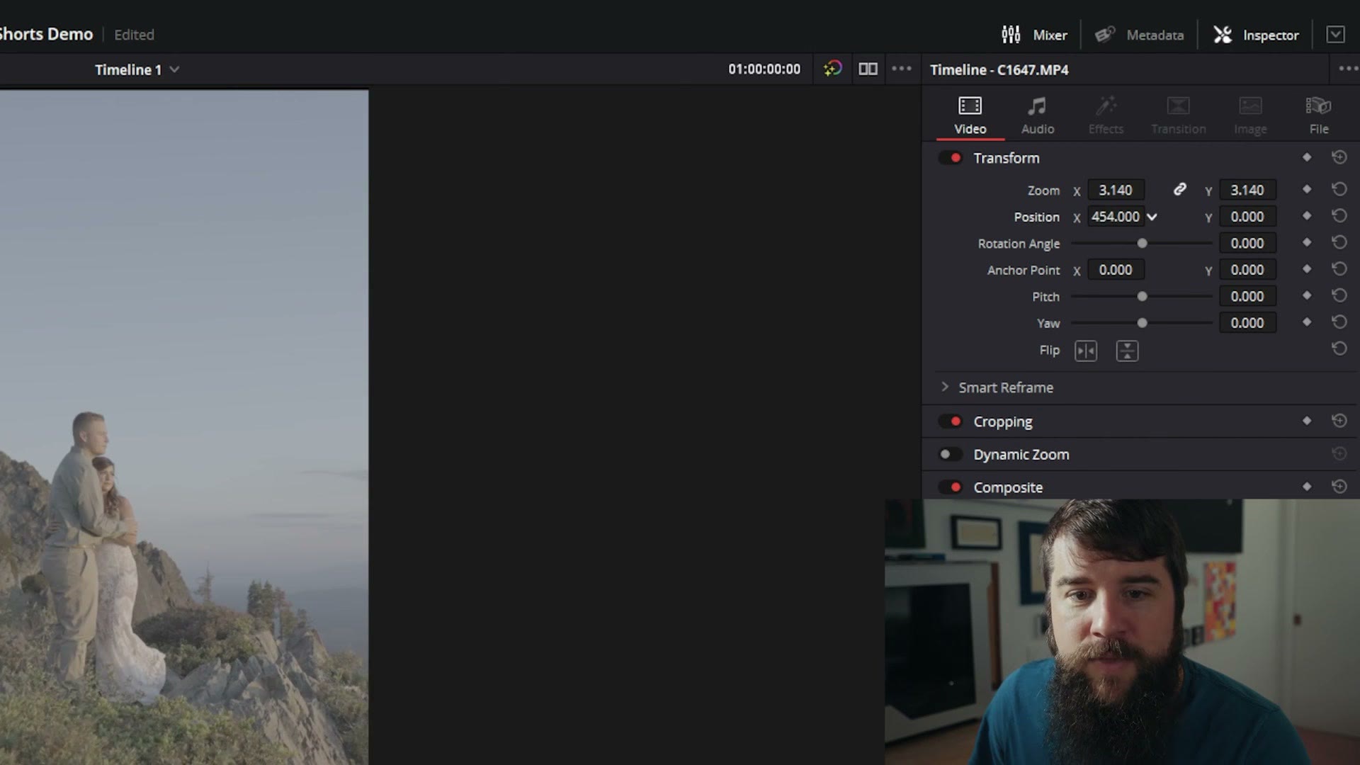 The DaVinci Resolve Inspector showing the Zoom and Position transform controls