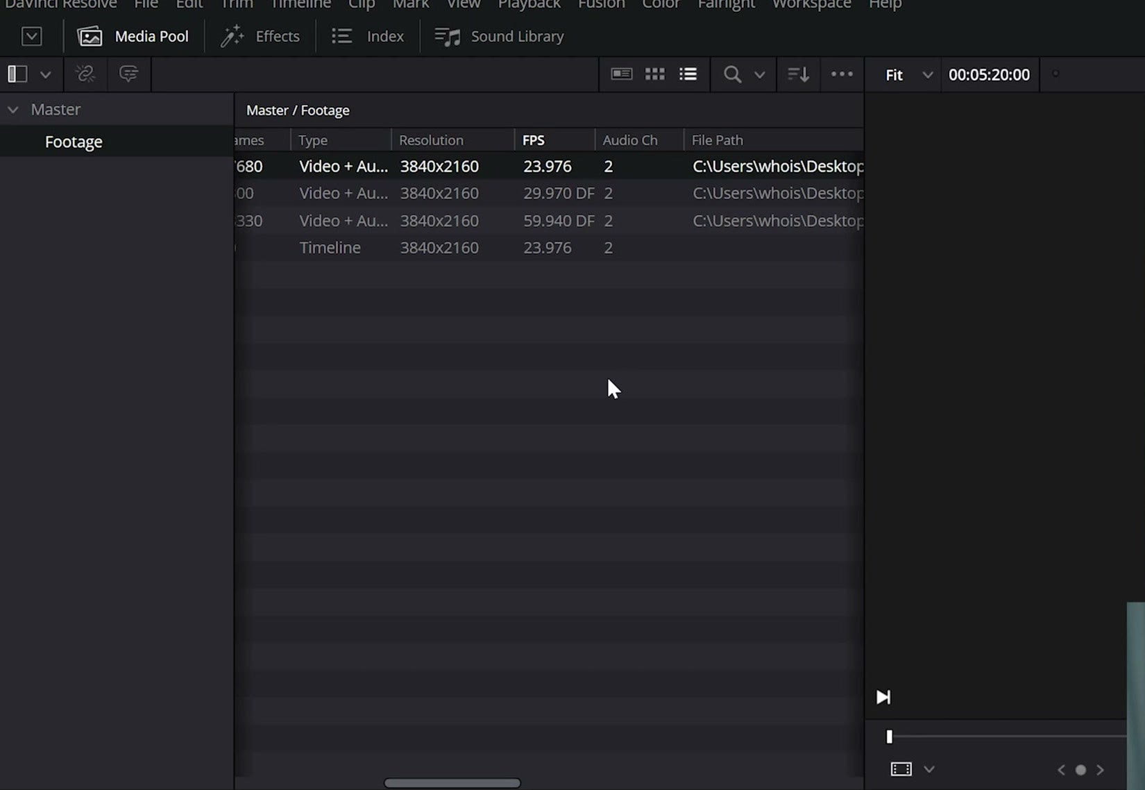 DaVinci Resolve media pool list view showing three different frame rates