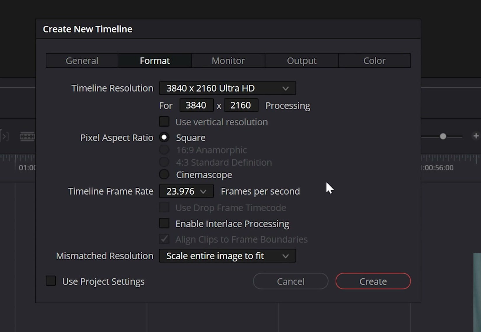 The Create New Timeline dialog in DaVinci Resolve set to 23.976 frames per second