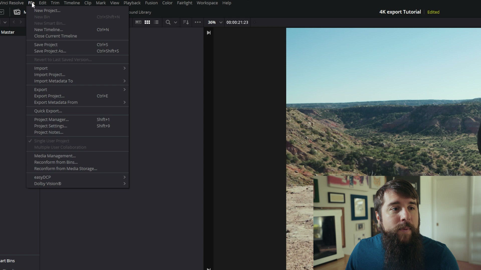 The DaVinci Resolve File menu open with Project Settings highlighted