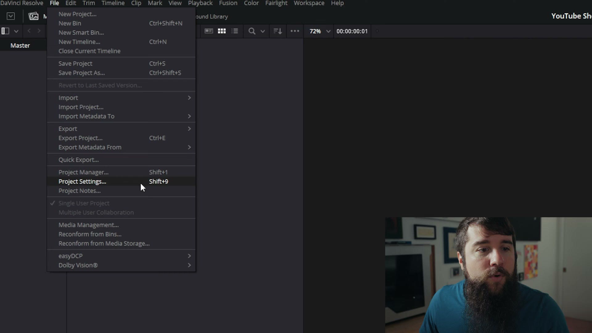 The DaVinci Resolve File menu open with Project Settings highlighted