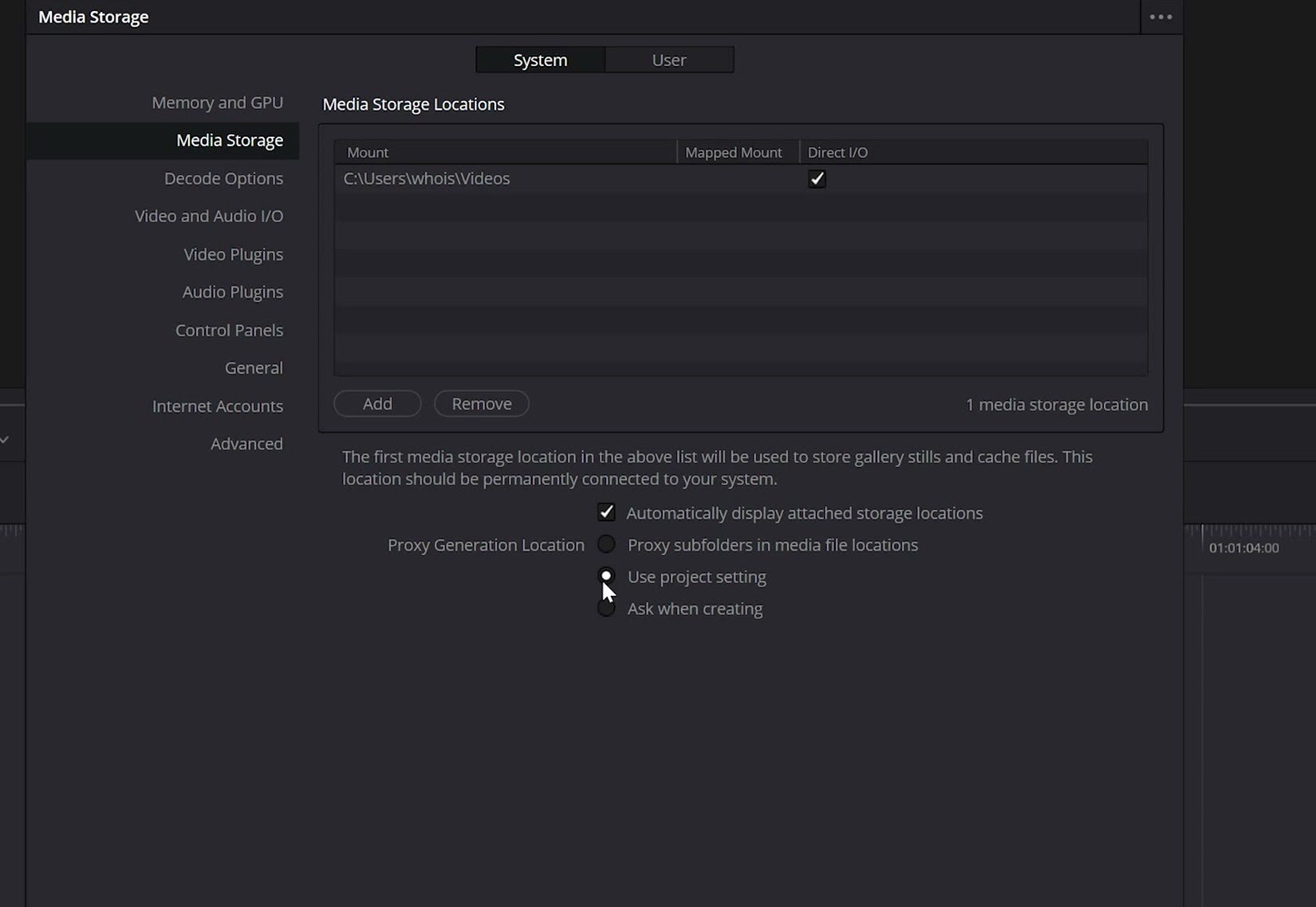 DaVinci Resolve Media Storage preferences showing the Proxy Generation Location options