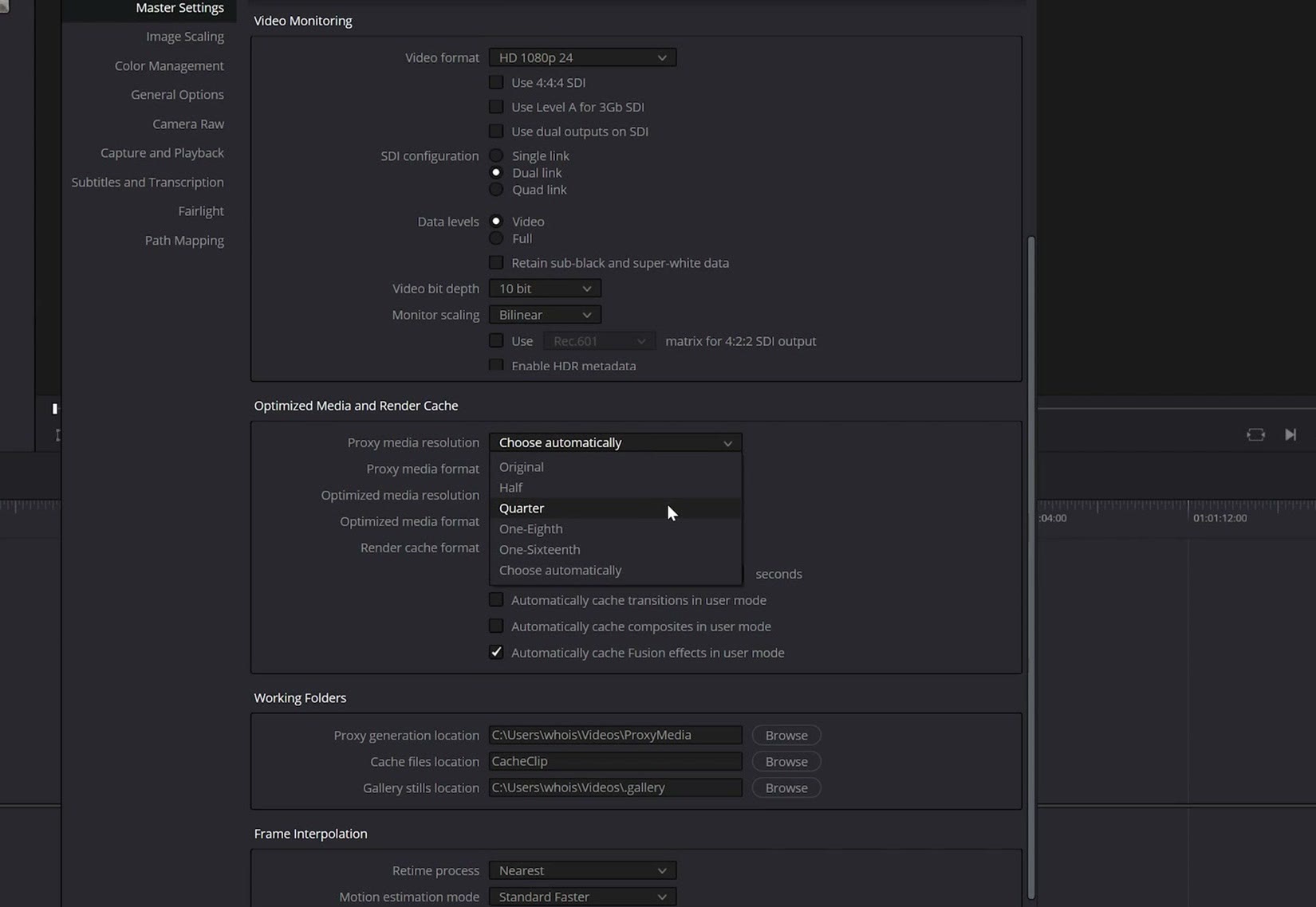 DaVinci Resolve project settings with the proxy media resolution dropdown open on Quarter