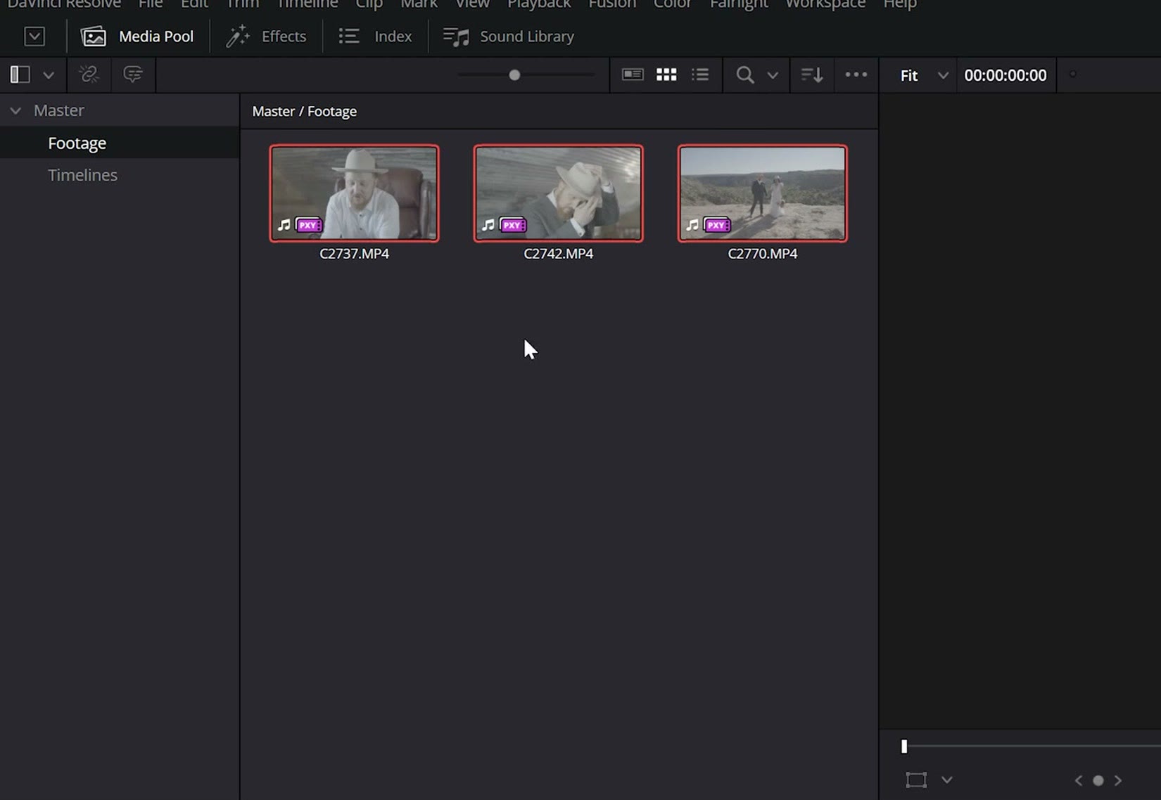 DaVinci Resolve media pool clips showing PXY proxy badges