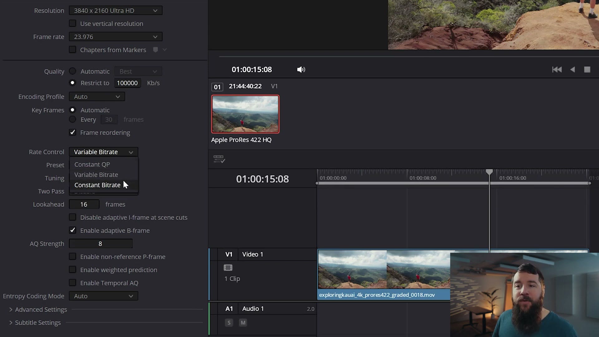 The Rate Control dropdown open in DaVinci Resolve render settings, showing Constant QP, Variable Bitrate and Constant Bitrate with Constant Bitrate about to be selected