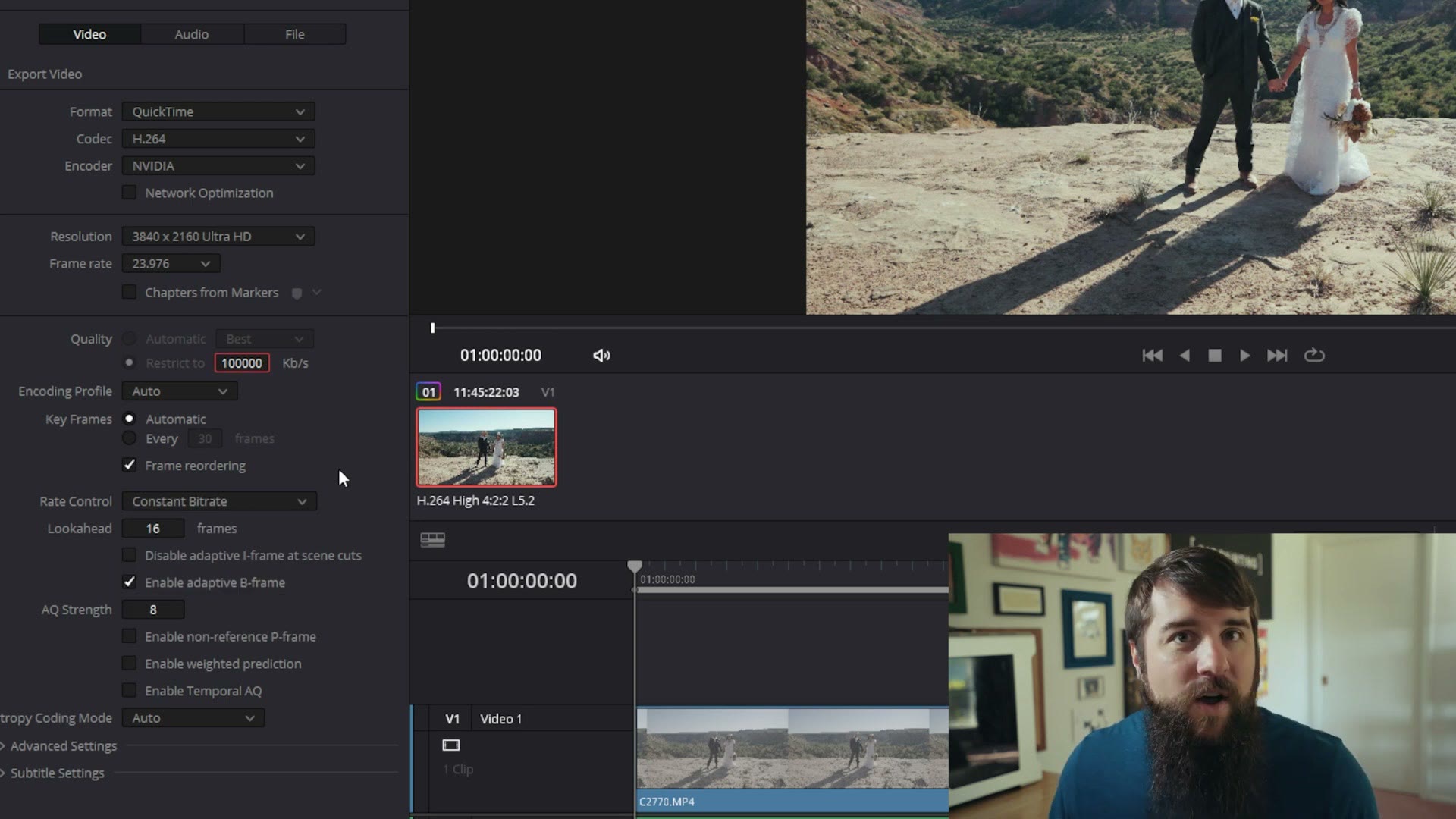 The DaVinci Resolve render queue with a job ready to render