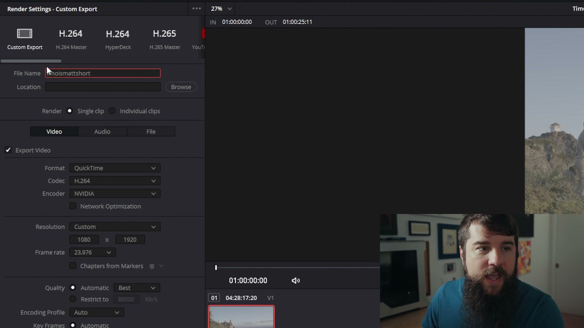 The DaVinci Resolve render settings page with a file name and location set
