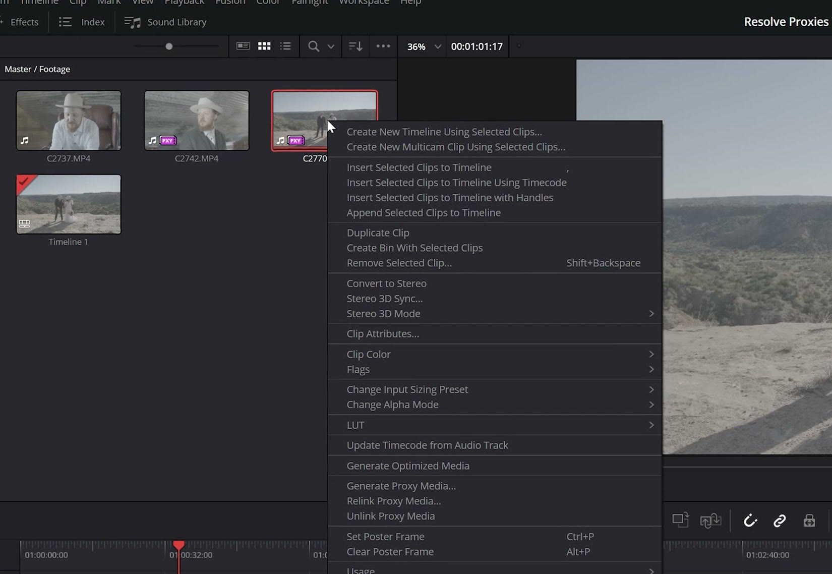 The right click menu in the DaVinci Resolve media pool showing Generate Proxy Media