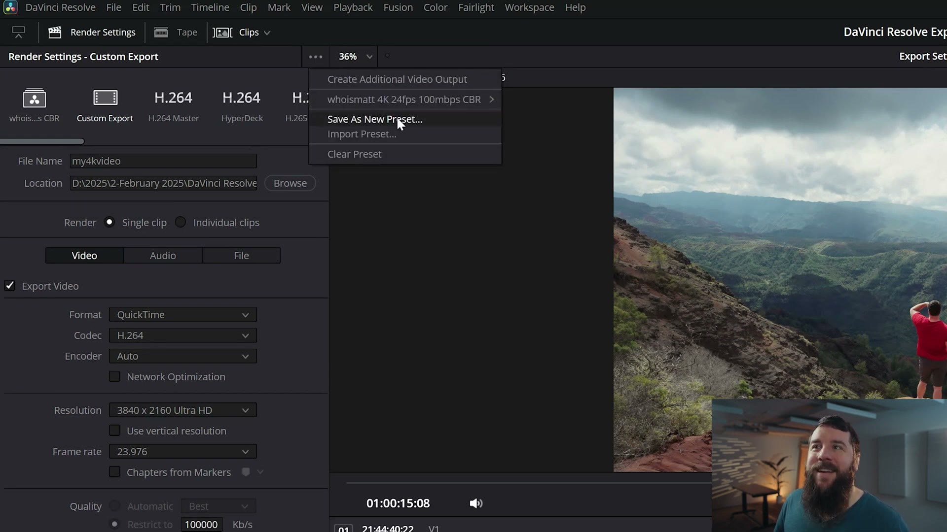 The three dot menu open in DaVinci Resolve's render settings showing the Save As New Preset option