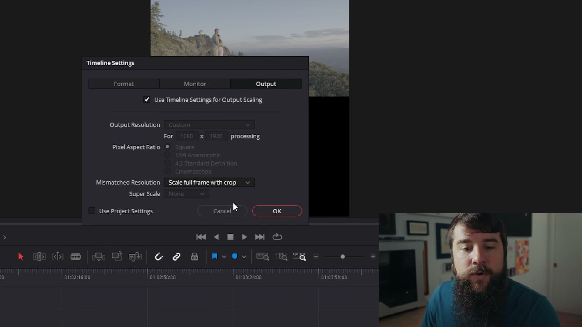 The Timeline Settings Output tab with Mismatched Resolution set to Scale full frame with crop