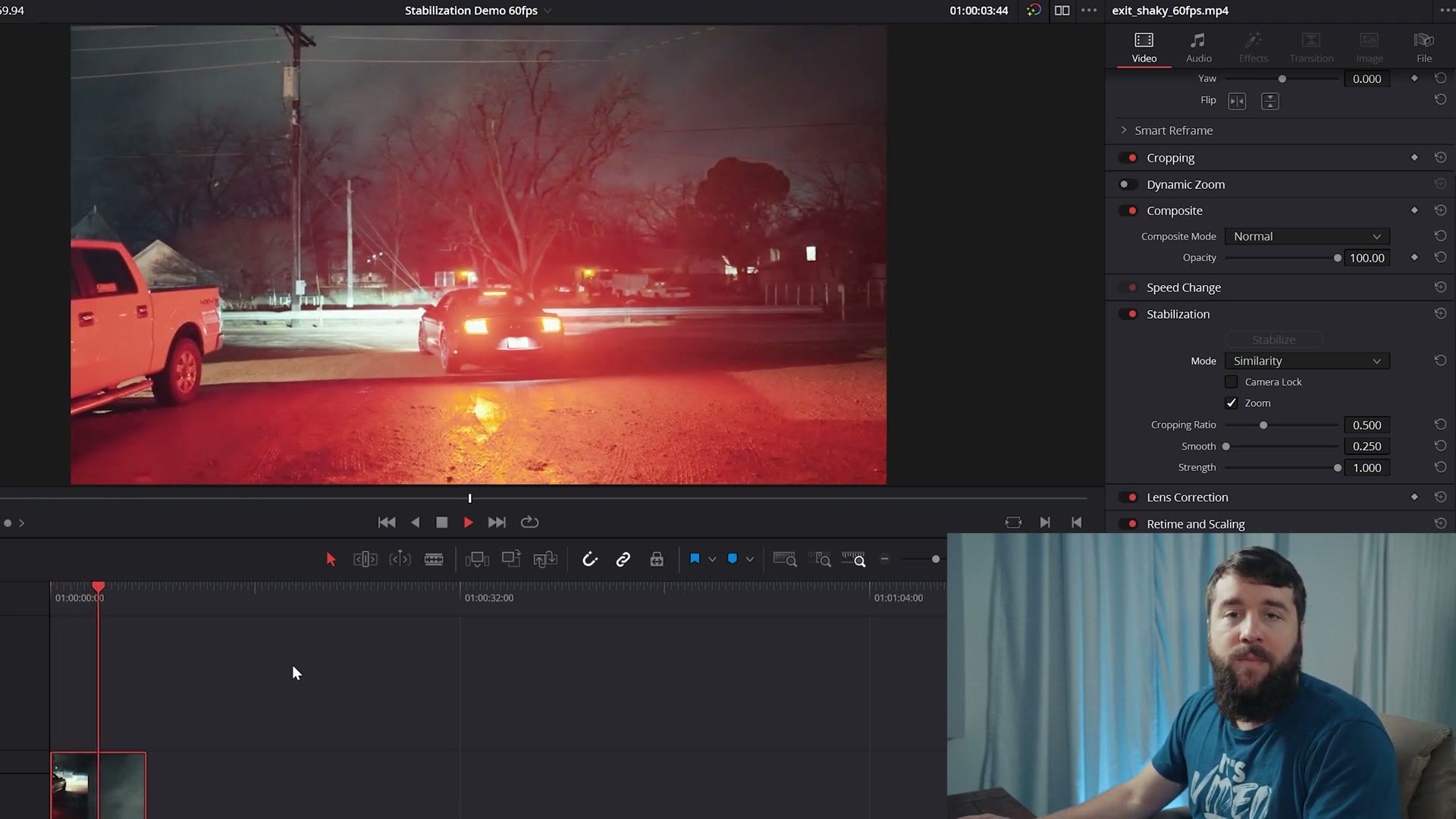 A clip stabilized with Similarity mode in DaVinci Resolve