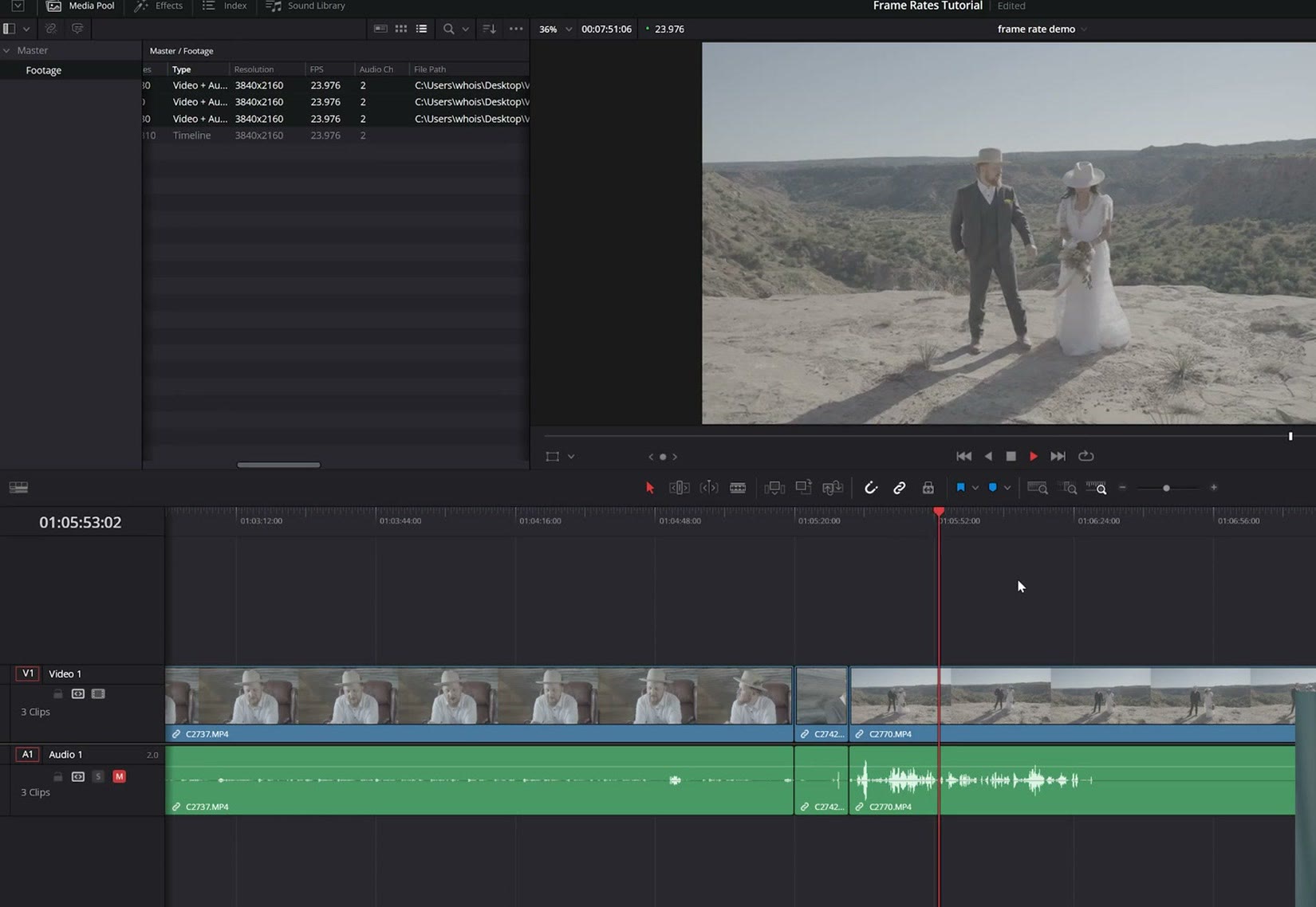 Reinterpreted clips playing back in slow motion on the DaVinci Resolve timeline